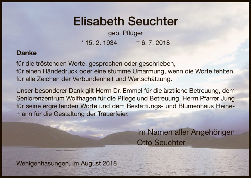  Traueranzeige für Elisabeth Seuchter vom 04.08.2018 aus HNA