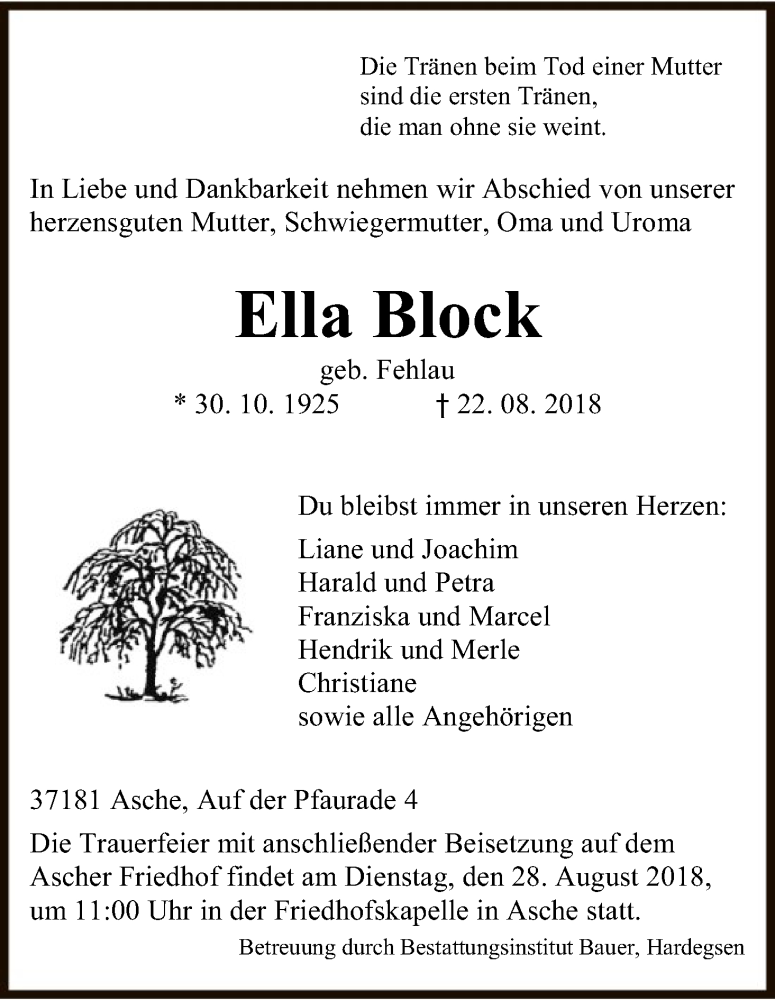  Traueranzeige für Ella Block vom 25.08.2018 aus HNA