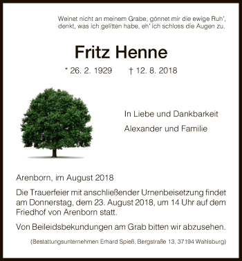 Traueranzeige von Fritz Henne von HNA
