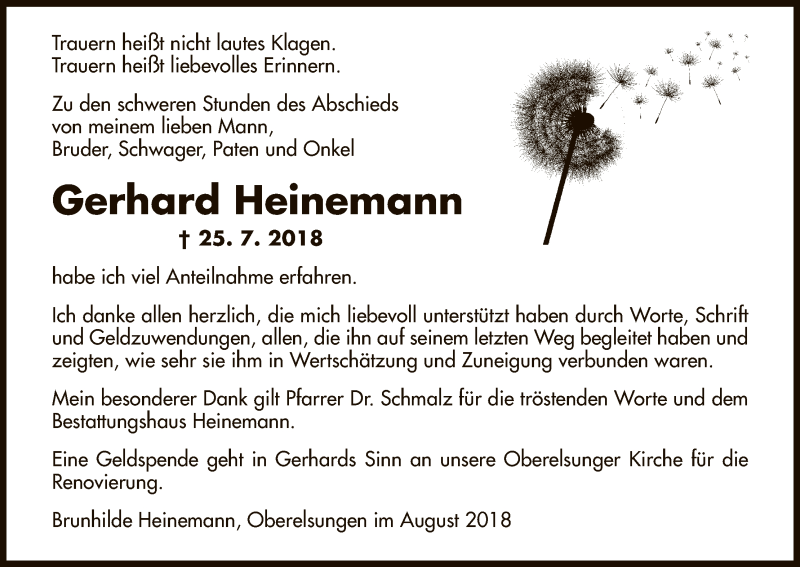  Traueranzeige für Gerhard Heinemann vom 18.08.2018 aus HNA