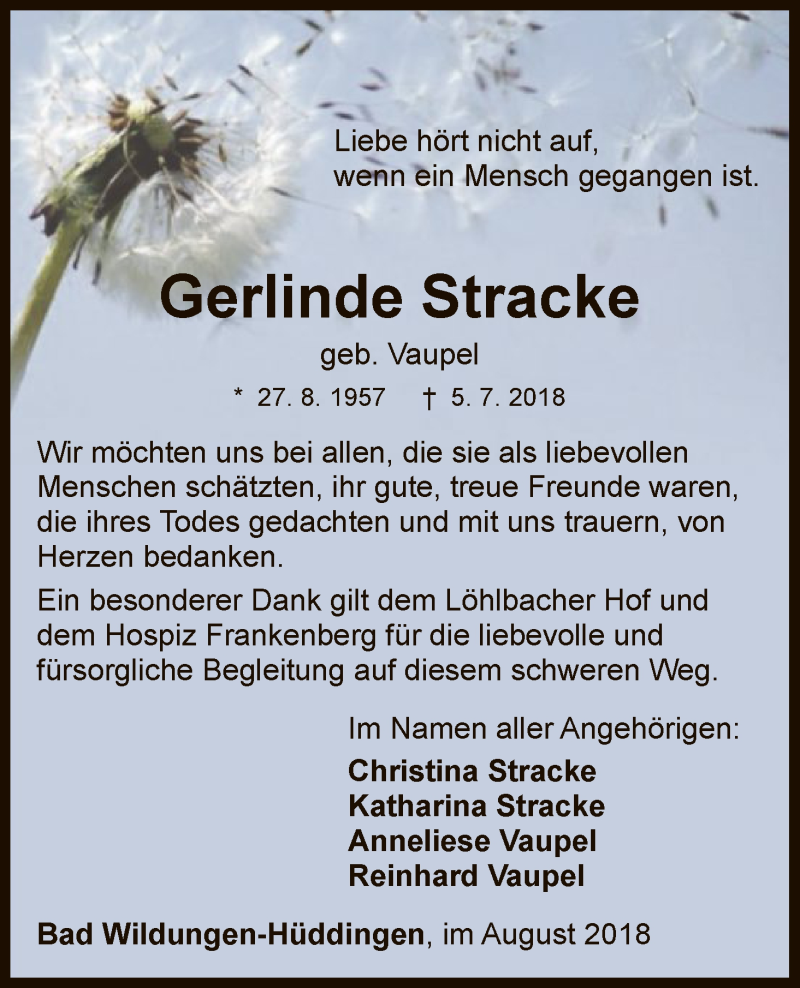  Traueranzeige für Gerlinde Stracke vom 11.08.2018 aus HNA