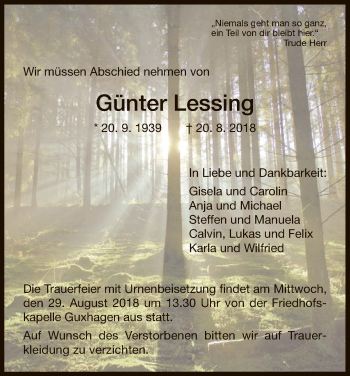 Traueranzeige von Günter Lessing von HNA