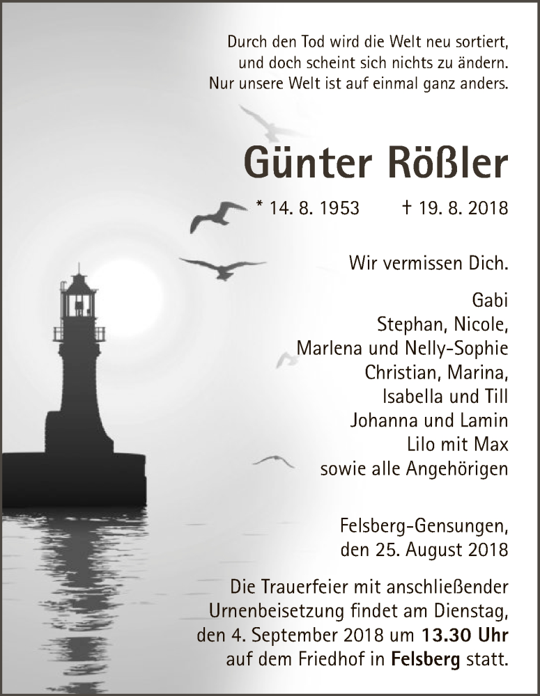  Traueranzeige für Günter Rößler vom 25.08.2018 aus HNA