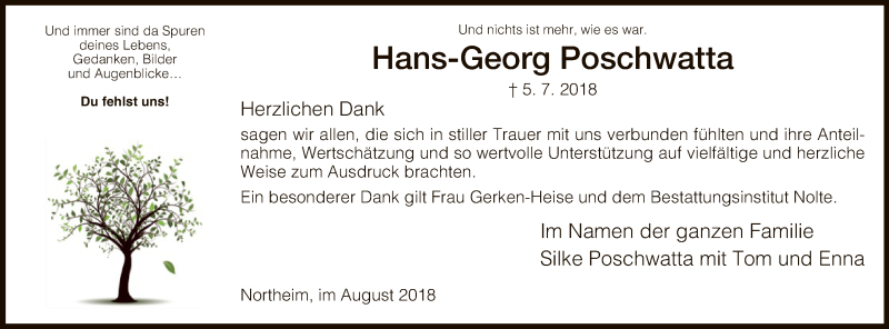  Traueranzeige für Hans-Georg Poschwatta vom 04.08.2018 aus HNA