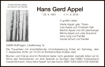 Traueranzeige von Hans Gerd Appel von HNA