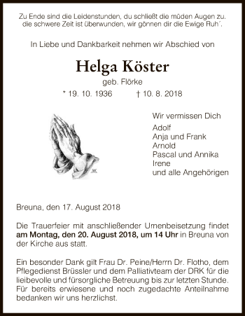 Traueranzeige von Helga Köster von HNA