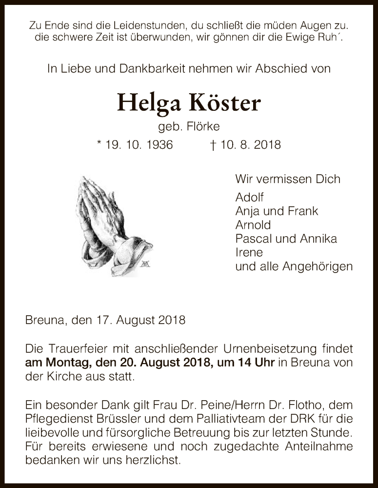  Traueranzeige für Helga Köster vom 17.08.2018 aus HNA