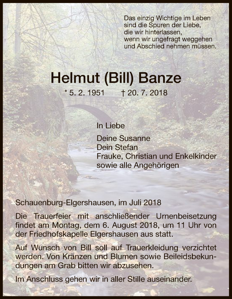  Traueranzeige für Helmut Banze vom 03.08.2018 aus HNA