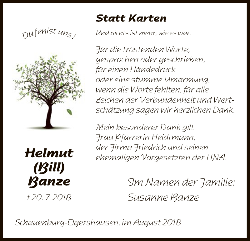  Traueranzeige für Helmut Banze vom 24.08.2018 aus HNA