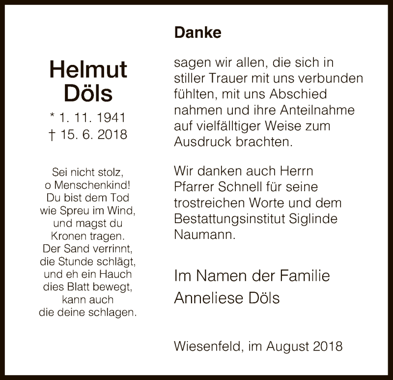  Traueranzeige für Helmut Döls vom 11.08.2018 aus HNA