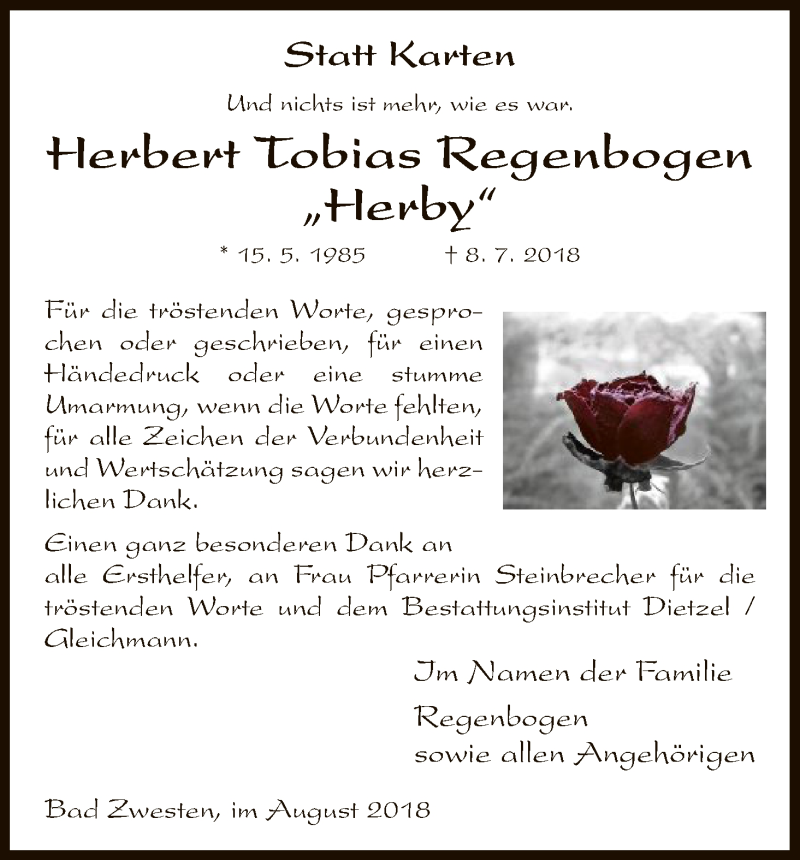  Traueranzeige für Herbert Tobias Regenbogen vom 04.08.2018 aus HNA