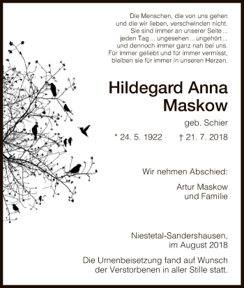 Traueranzeige von Hildegard Anna Maskow von HNA