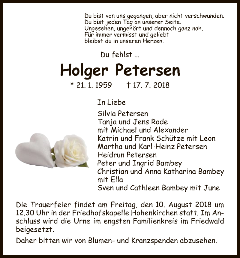  Traueranzeige für Holger Petersen vom 04.08.2018 aus HNA