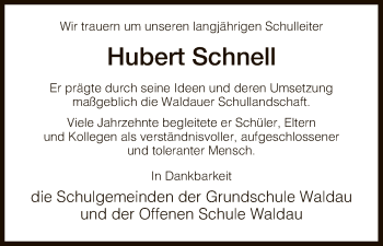 Traueranzeige von Hubert Schnell von HNA