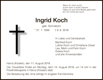 Traueranzeige von Ingrid Koch von HNA