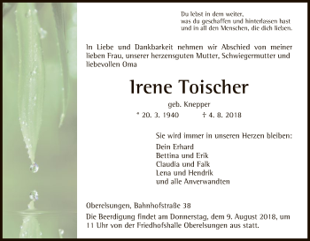 Traueranzeige von Irene Toischer von HNA