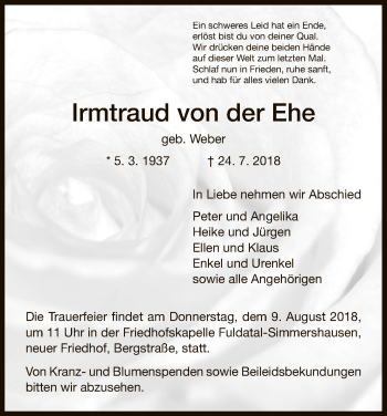Traueranzeige von Irmtraud von der Ehe von HNA