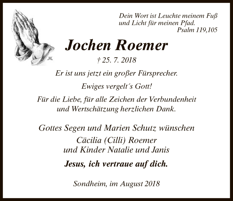  Traueranzeige für Jochen Roemer vom 11.08.2018 aus HNA