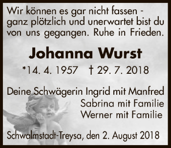 Traueranzeige von Johanna Wurst von HNA