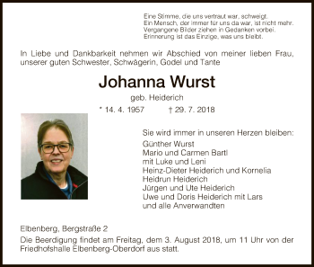 Traueranzeige von Johanna Wurst von HNA