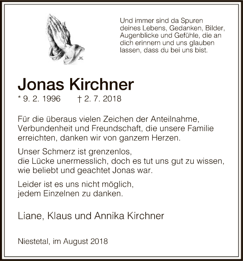  Traueranzeige für Jonas Kirchner vom 11.08.2018 aus HNA