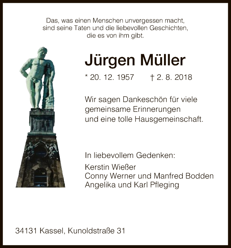  Traueranzeige für Jürgen Müller vom 04.08.2018 aus HNA