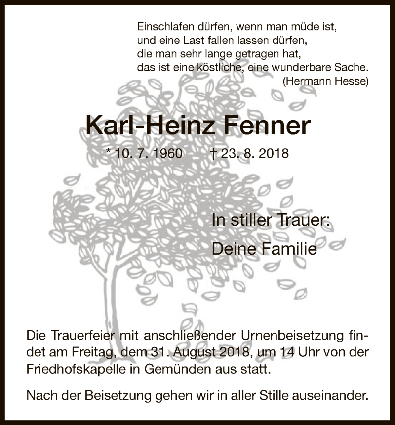  Traueranzeige für Karl-Heinz Fenner vom 29.08.2018 aus HNA