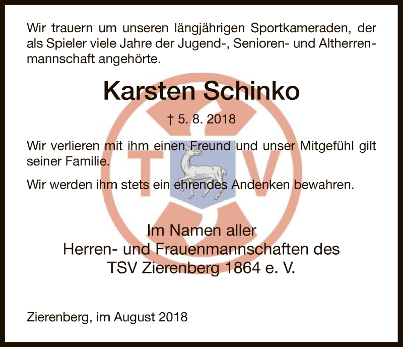  Traueranzeige für Karsten Schinko vom 10.08.2018 aus HNA