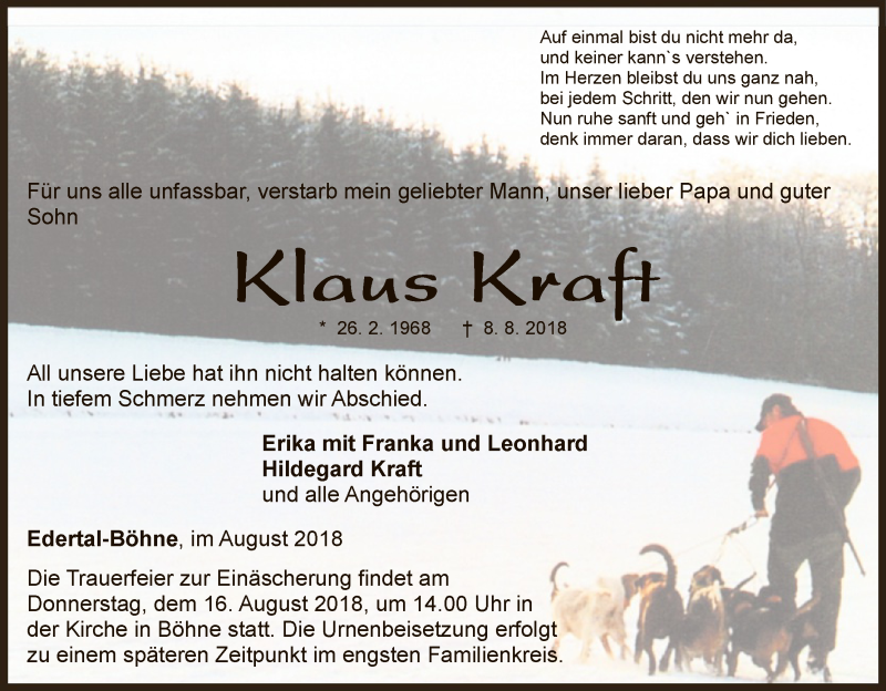  Traueranzeige für Klaus Kraft vom 14.08.2018 aus HNA