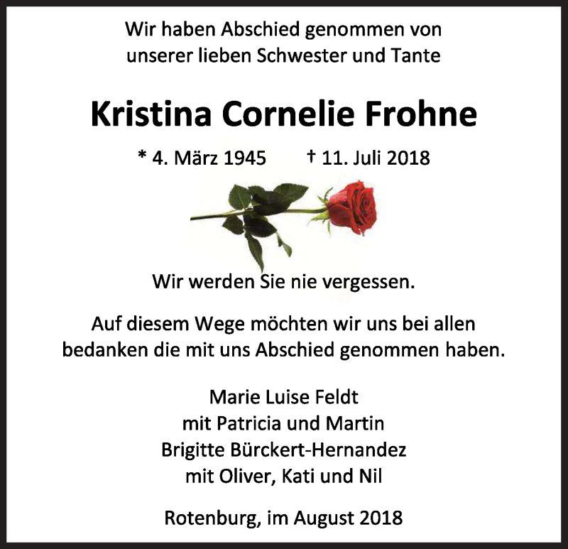  Traueranzeige für Kristina Cornelie Frohne vom 11.08.2018 aus etm