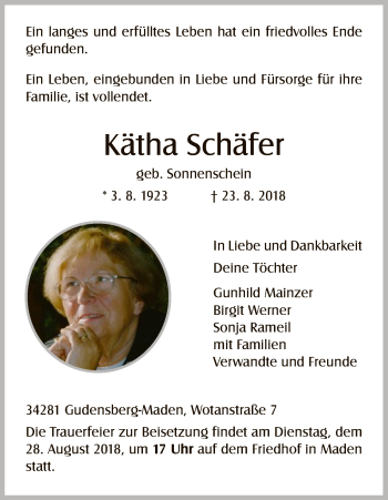 Traueranzeige von Kätha Schäfer von HNA