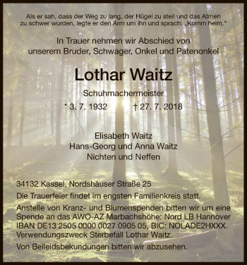 Traueranzeige von Lothar Waitz von HNA