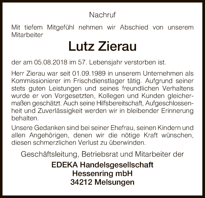  Traueranzeige für Lutz Zierau vom 16.08.2018 aus HNA