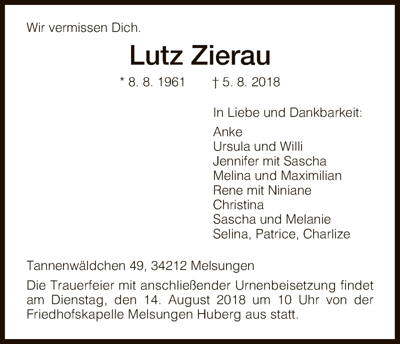  Traueranzeige für Lutz Zierau vom 11.08.2018 aus HNA