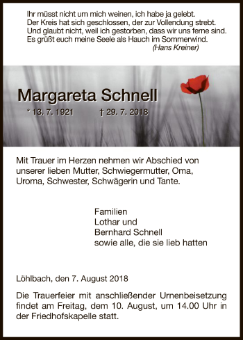 Traueranzeige von Margareta Schnell von HNA