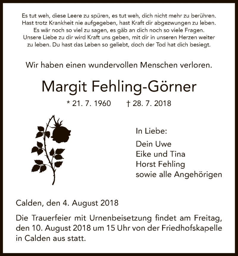  Traueranzeige für Margit Fehling-Görner vom 04.08.2018 aus HNA