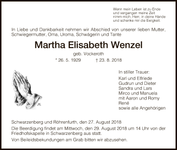 Traueranzeige von Martha Elisabeth Wenzel von HNA