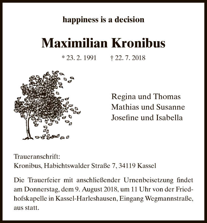  Traueranzeige für Maximilian Kronibus vom 04.08.2018 aus HNA