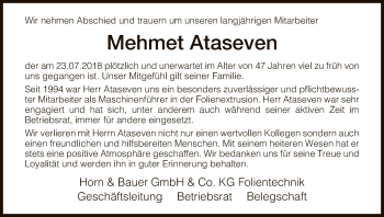 Traueranzeige von Mehmet Ataseven von HNA