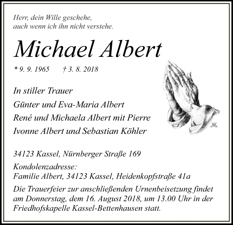  Traueranzeige für Michael Albert vom 11.08.2018 aus HNA