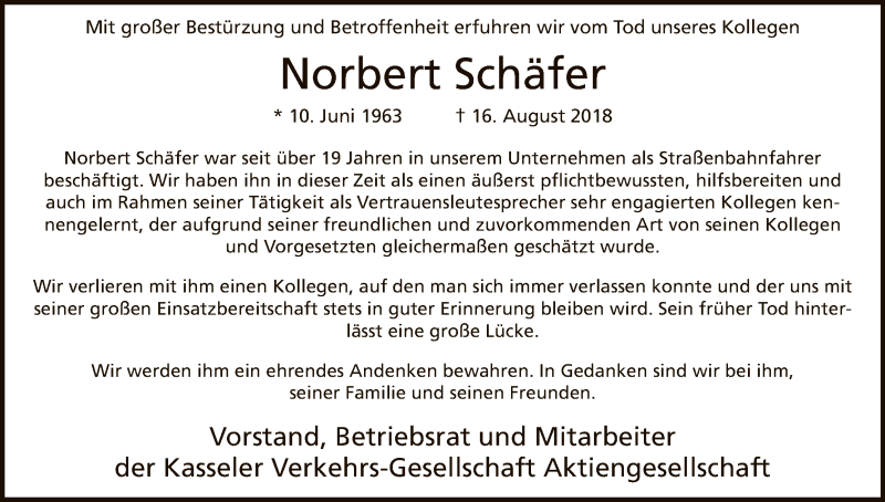  Traueranzeige für Norbert Schäfer vom 25.08.2018 aus HNA