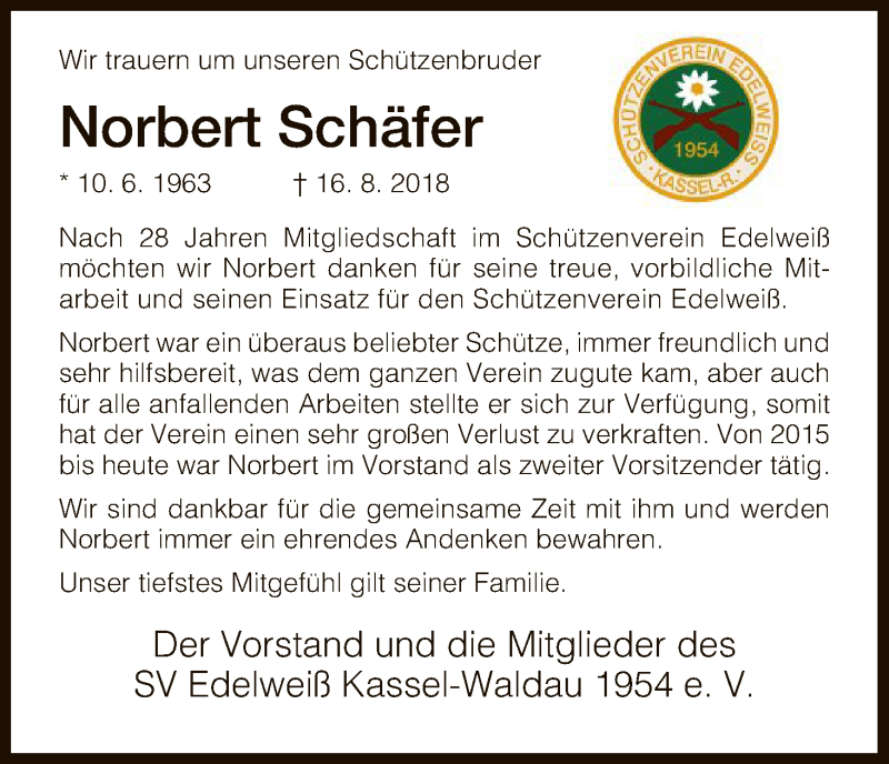  Traueranzeige für Norbert Schäfer vom 25.08.2018 aus HNA