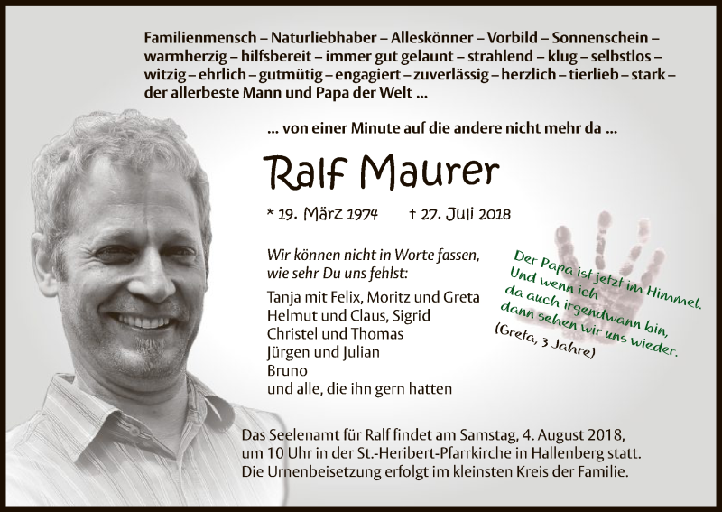  Traueranzeige für Ralf Maurer vom 02.08.2018 aus HNA