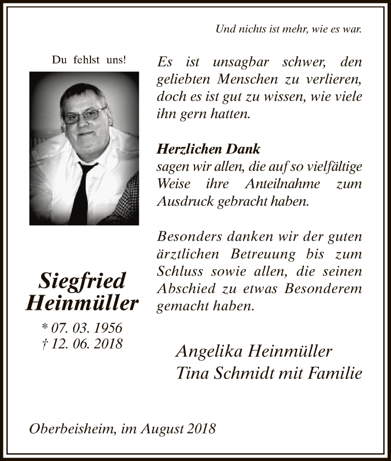  Traueranzeige für Siegfried Heinmüller vom 18.08.2018 aus HNA