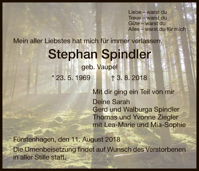  Traueranzeige für Stephan Spindler vom 11.08.2018 aus HNA