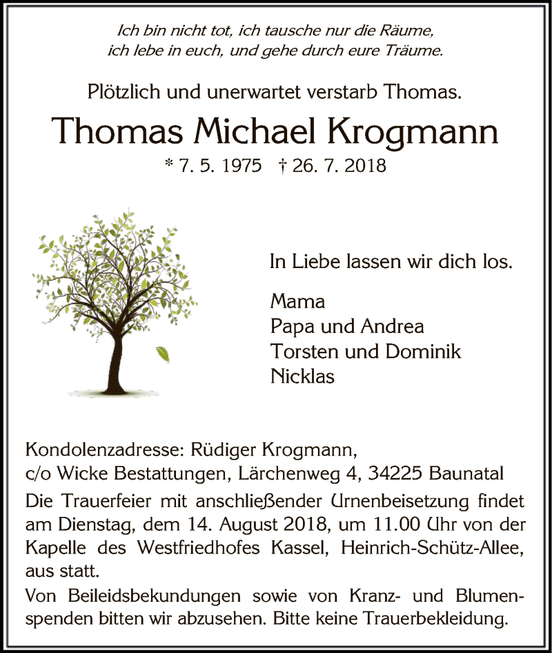  Traueranzeige für Thomas Michael Krogmann vom 11.08.2018 aus HNA