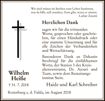 Traueranzeige von Wilhelm Heiße von HNA
