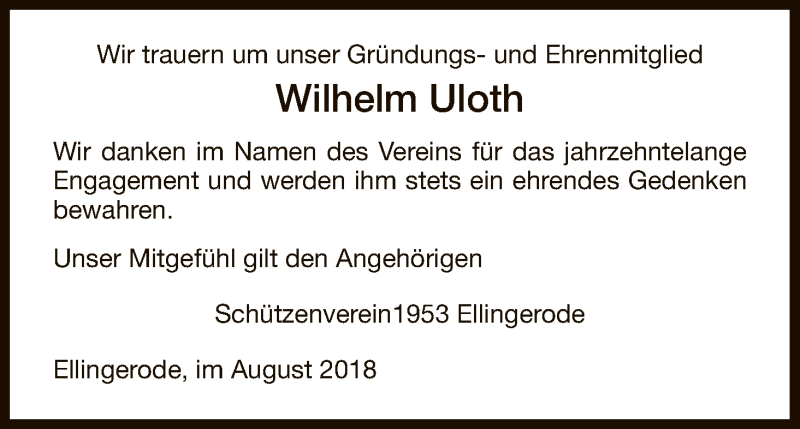  Traueranzeige für Wilhelm Uloth vom 10.08.2018 aus HNA