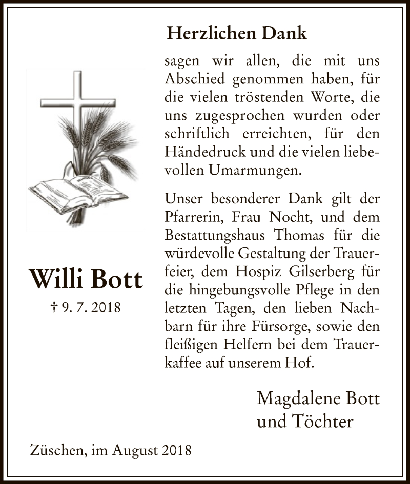  Traueranzeige für Willi Bott vom 25.08.2018 aus HNA