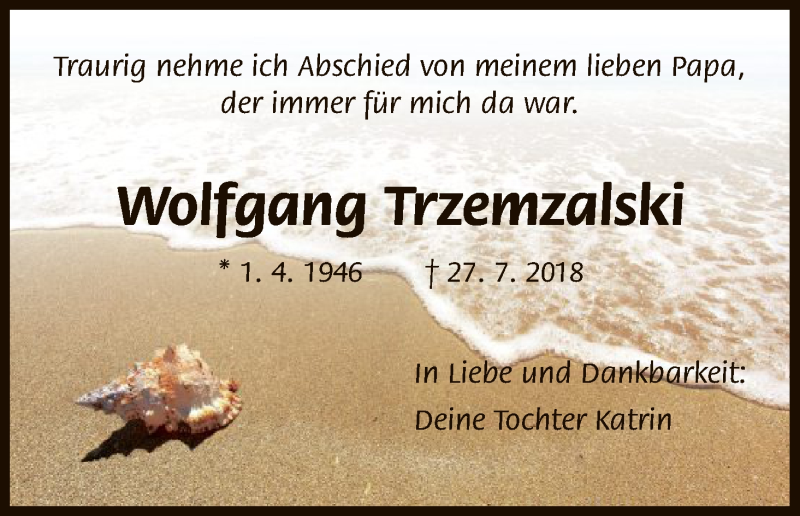  Traueranzeige für Wolfgang Trzemzalski vom 10.08.2018 aus HNA